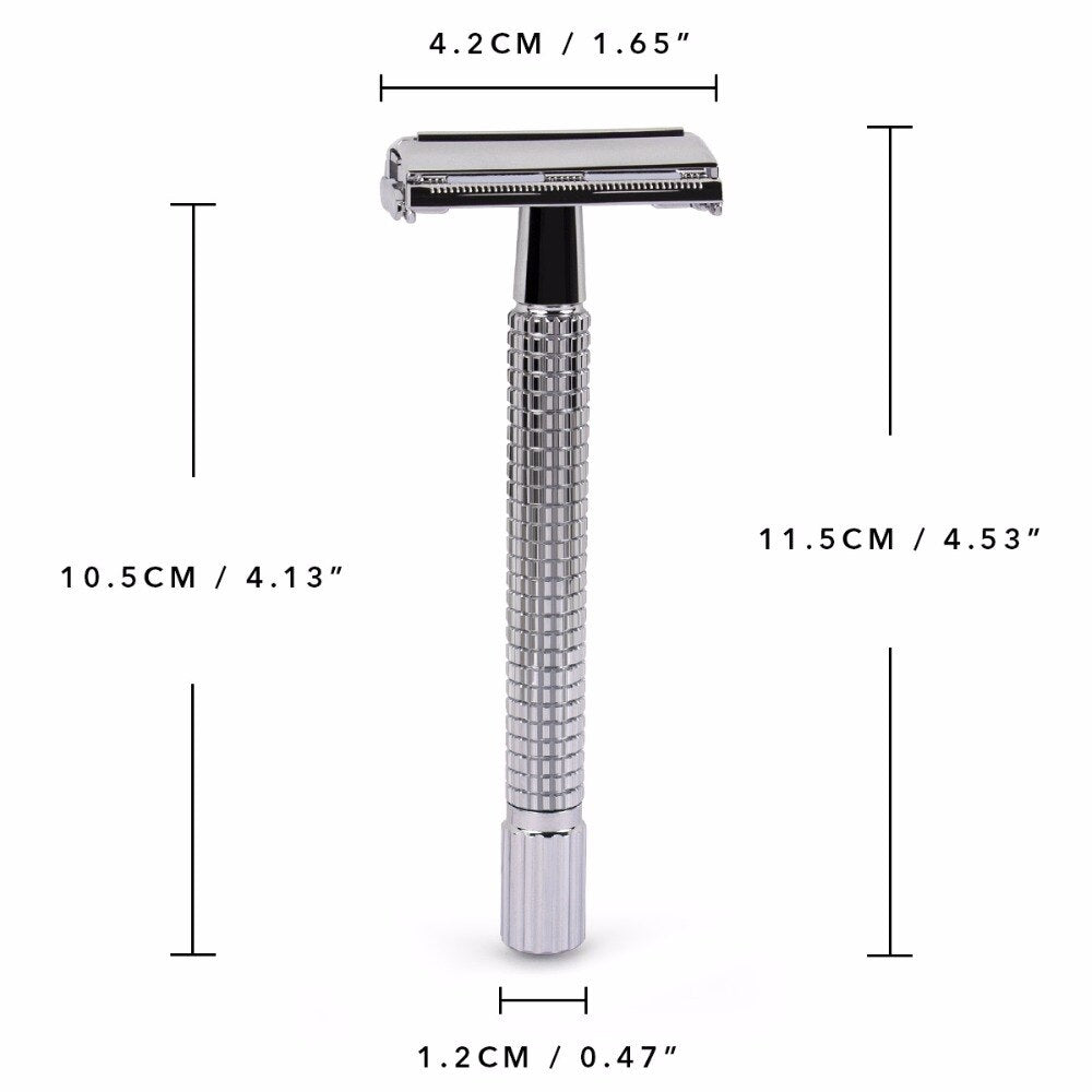 Qshave Double Edge Safety Razor Long Handle Butterfly Open Classic Safety Razor silver color, 1 Handle & 5 blades