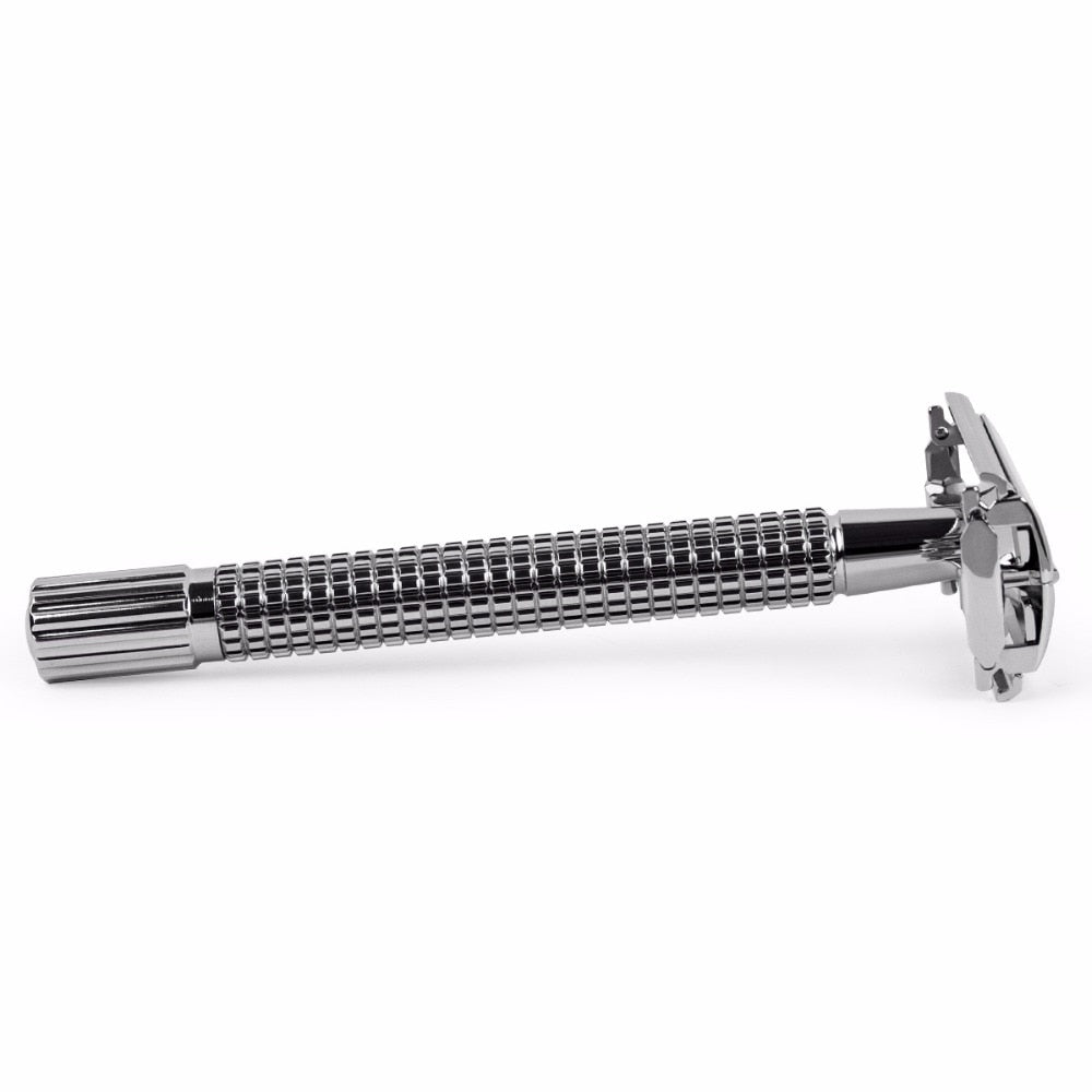 Qshave Double Edge Safety Razor Long Handle Butterfly Open Classic Safety Razor silver color, 1 Handle & 5 blades