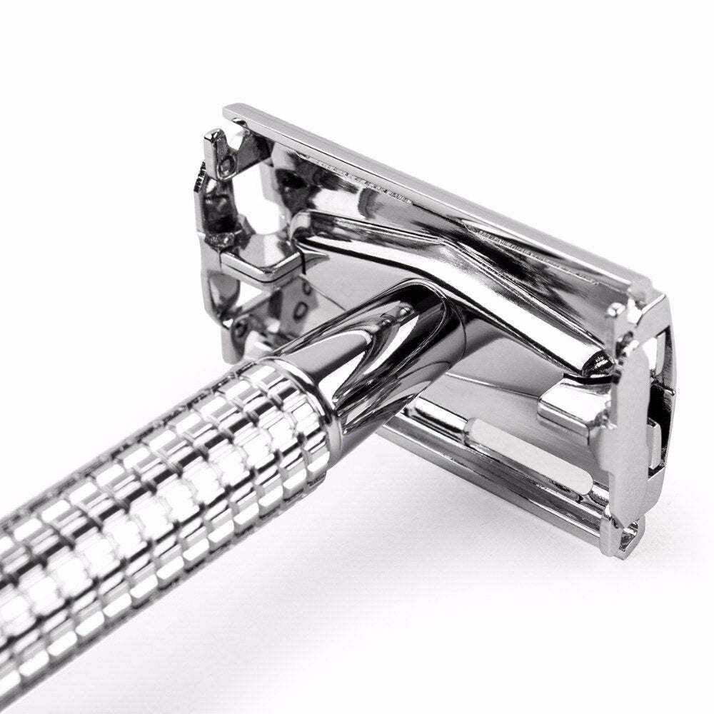 Qshave Double Edge Safety Razor Long Handle Butterfly Open Classic Safety Razor silver color, 1 Handle &amp; 5 blades