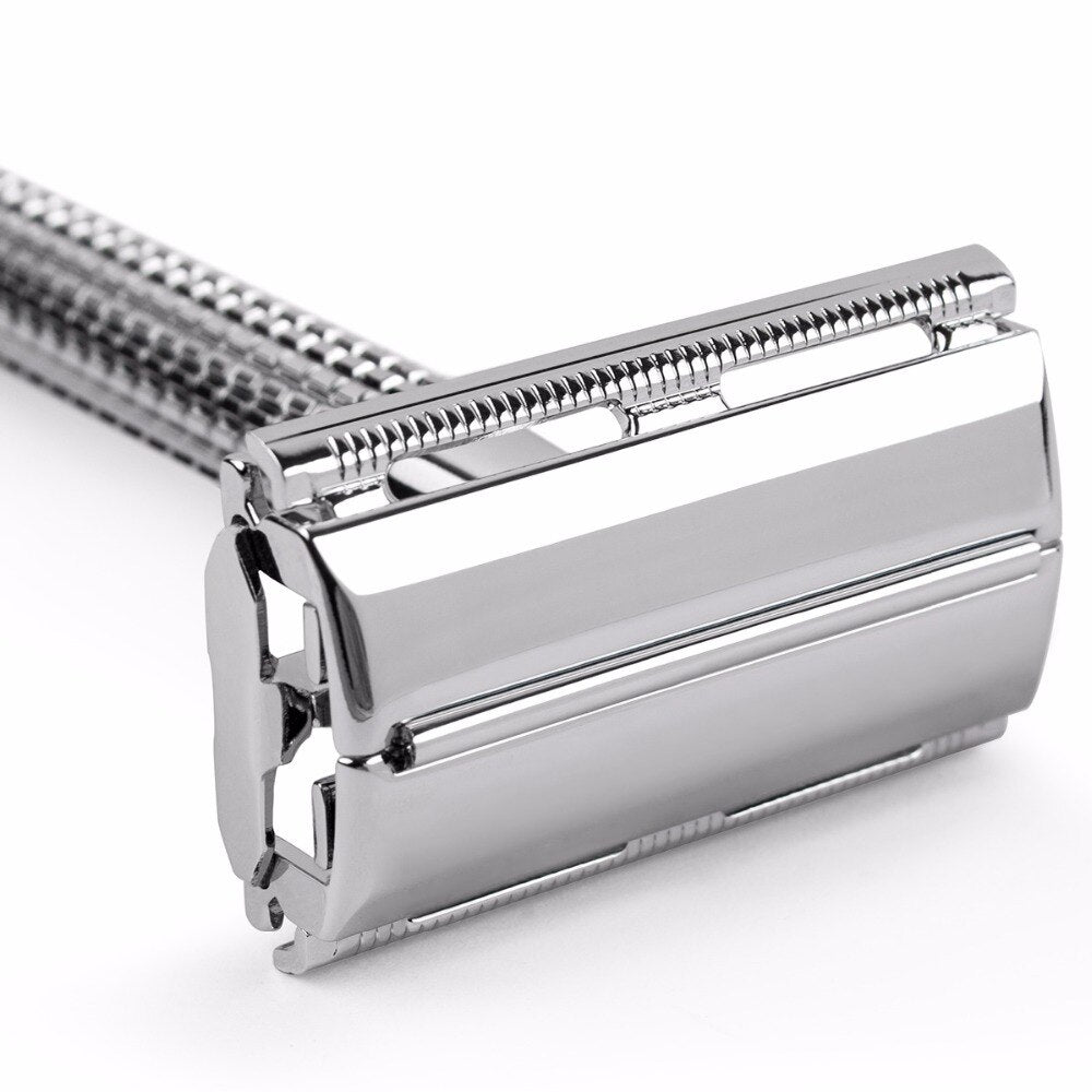 Qshave Double Edge Safety Razor Long Handle Butterfly Open Classic Safety Razor silver color, 1 Handle &amp; 5 blades